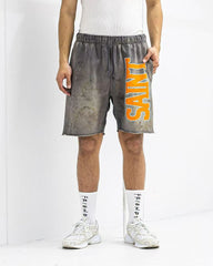 Saint Michael Distressed Vintage Effect Large Graphic Logo Sweat Shorts