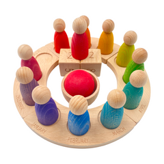 Wooden Perpetual Calendar with 12 Rainbow Peg Figures