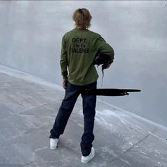 CDIAry independent GALLERY DEPT military green French basic letter American high street hoodie long sleeved TEE shirt