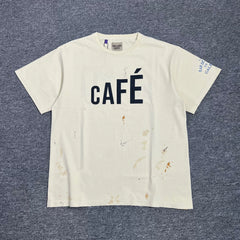 GEIIARK DEPT High Street Trendy T-shirt Coffee Shop Letter Printing Creative Fun Washed Casual Short Sleeve T-shirt