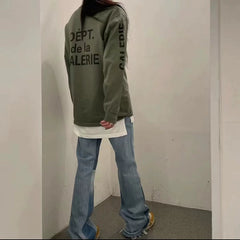 CDIAry independent GALLERY DEPT military green French basic letter American high street hoodie long sleeved TEE shirt
