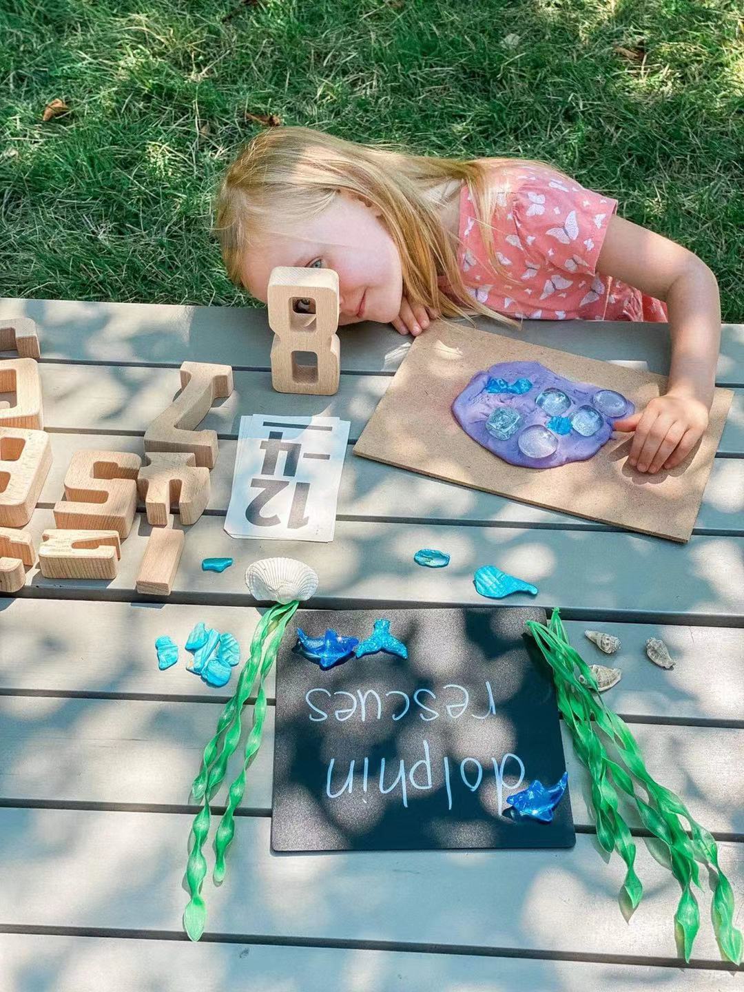 32 Pcs Wooden Math Number Building Blocks Set with Tray