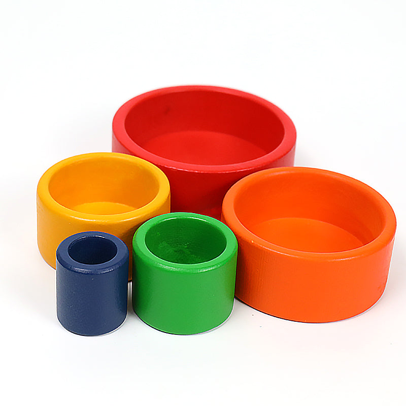 **Pre-order (Ships in 2-3 Weeks)**5 Pcs Wooden Stacking & Nesting Cup Bowl Set – Primary Rainbow