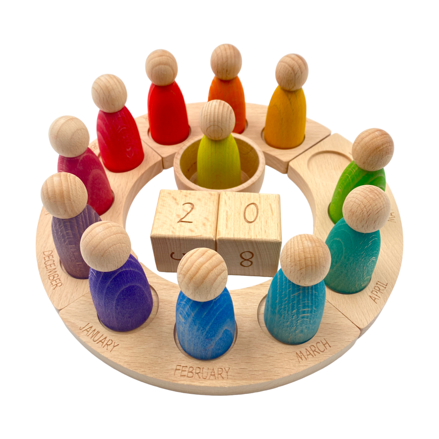 Wooden Perpetual Calendar with 12 Rainbow Peg Figures
