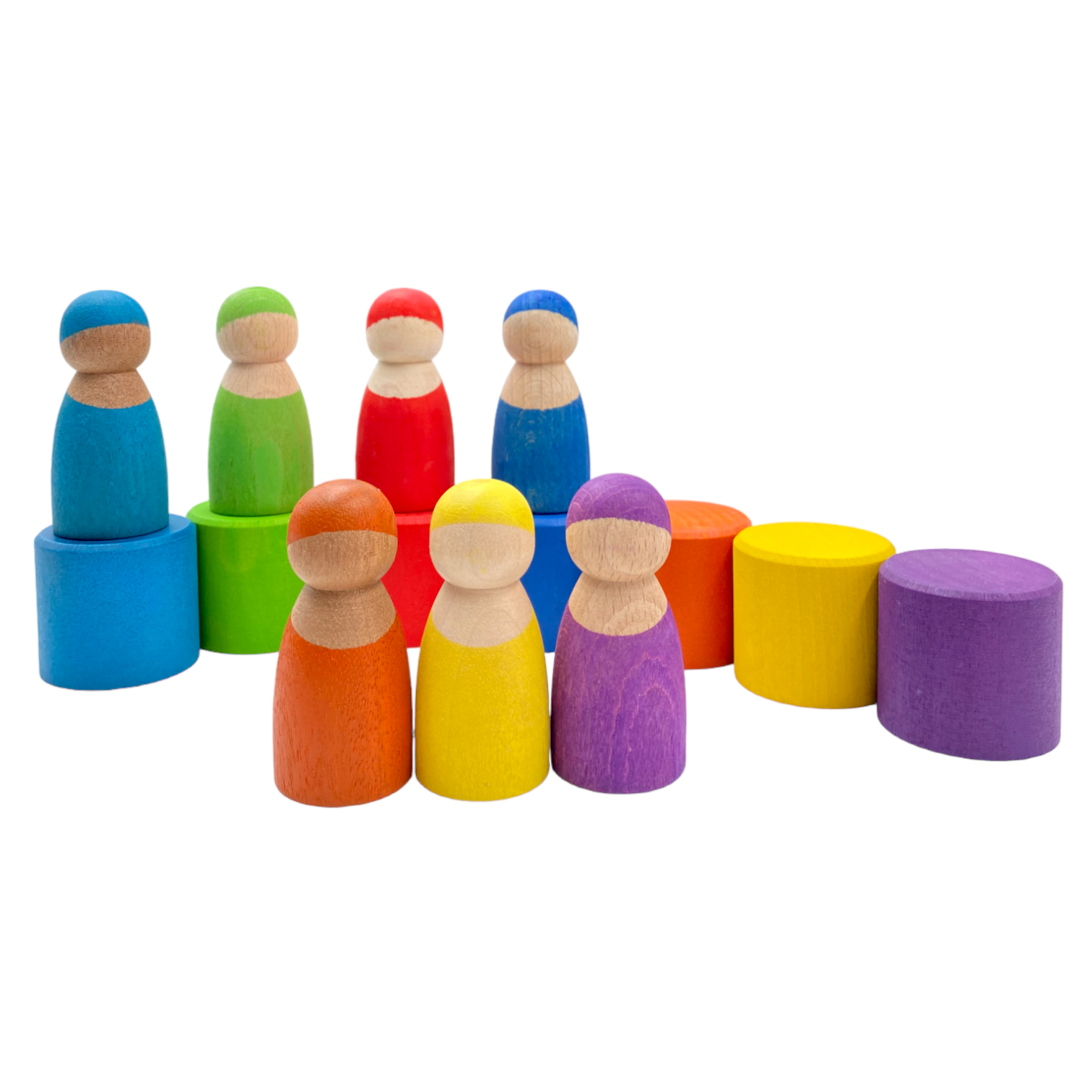 7-Piece “Skin Stones” Stained Rainbow Wooden Peg Dolls in Matching Bowls