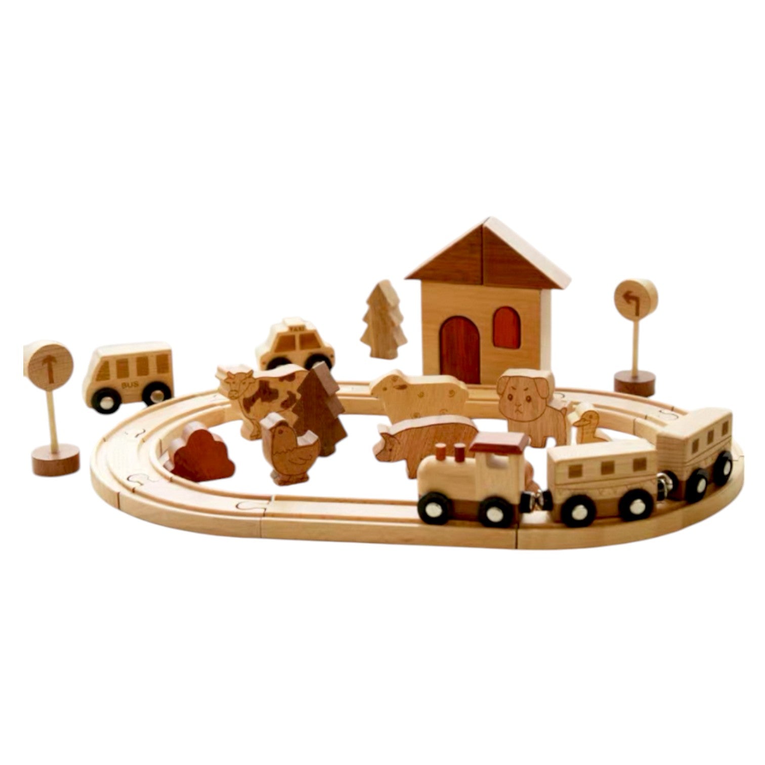 **Pre-order (Ships in 2-3 Weeks)**Wooden Farm Train Track Play Set – 32-Piece Natural Solid Wood Toy