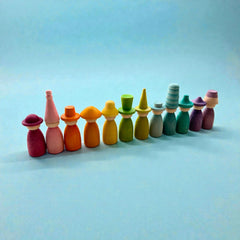 **Pre-order (Ships in 2-3 Weeks)**12 Piece Pastel Macaron Wooden Peg Dolls with Interchangeable Hats Open Ended Play Figures