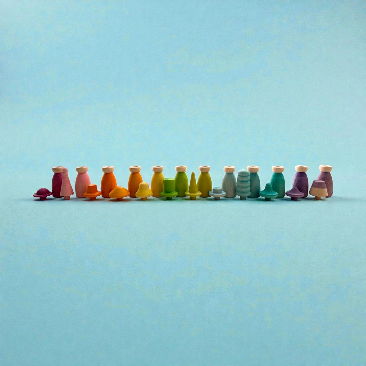 **Pre-order (Ships in 2-3 Weeks)**12 Piece Pastel Macaron Wooden Peg Dolls with Interchangeable Hats Open Ended Play Figures