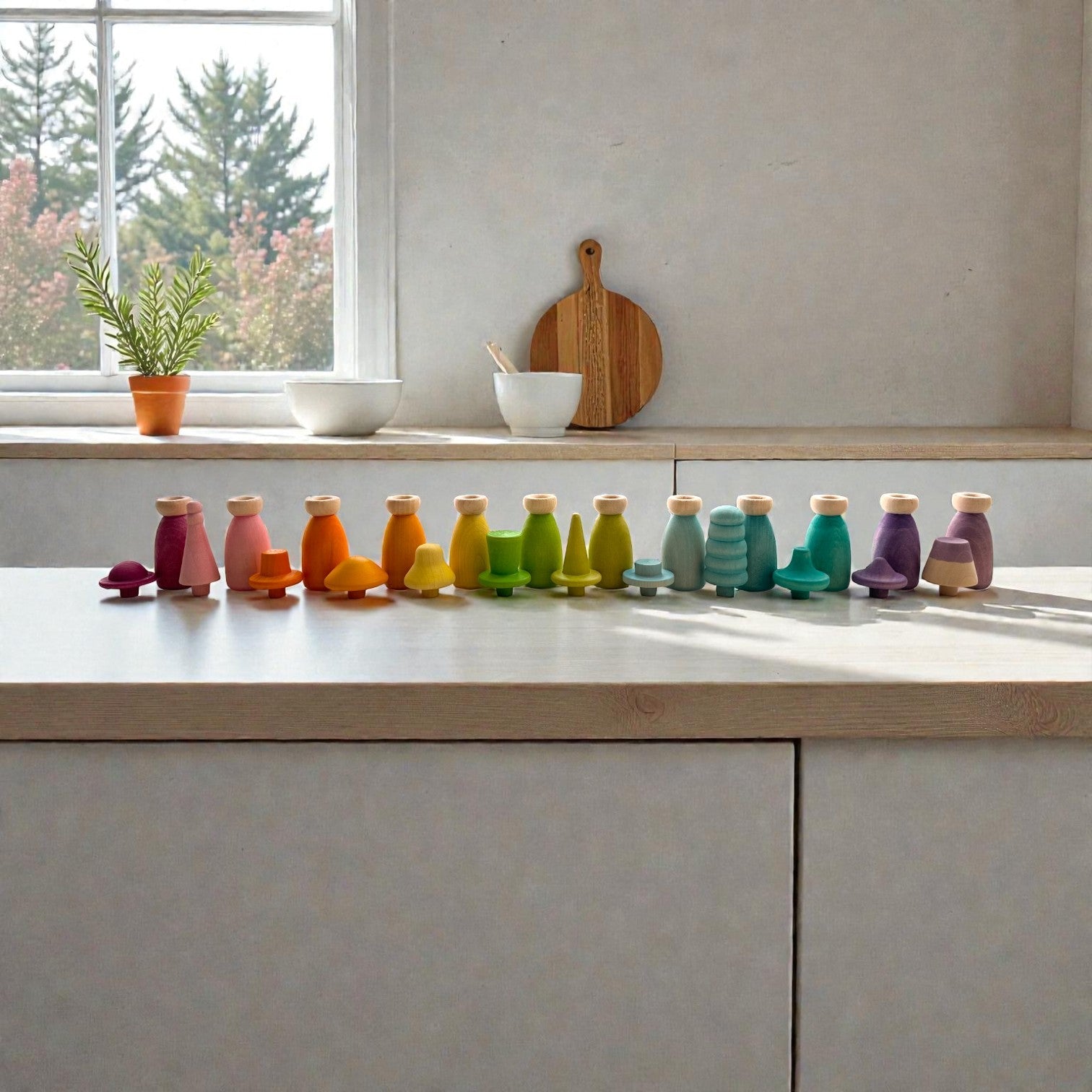 **Pre-order (Ships in 2-3 Weeks)**12 Piece Pastel Macaron Wooden Peg Dolls with Interchangeable Hats Open Ended Play Figures