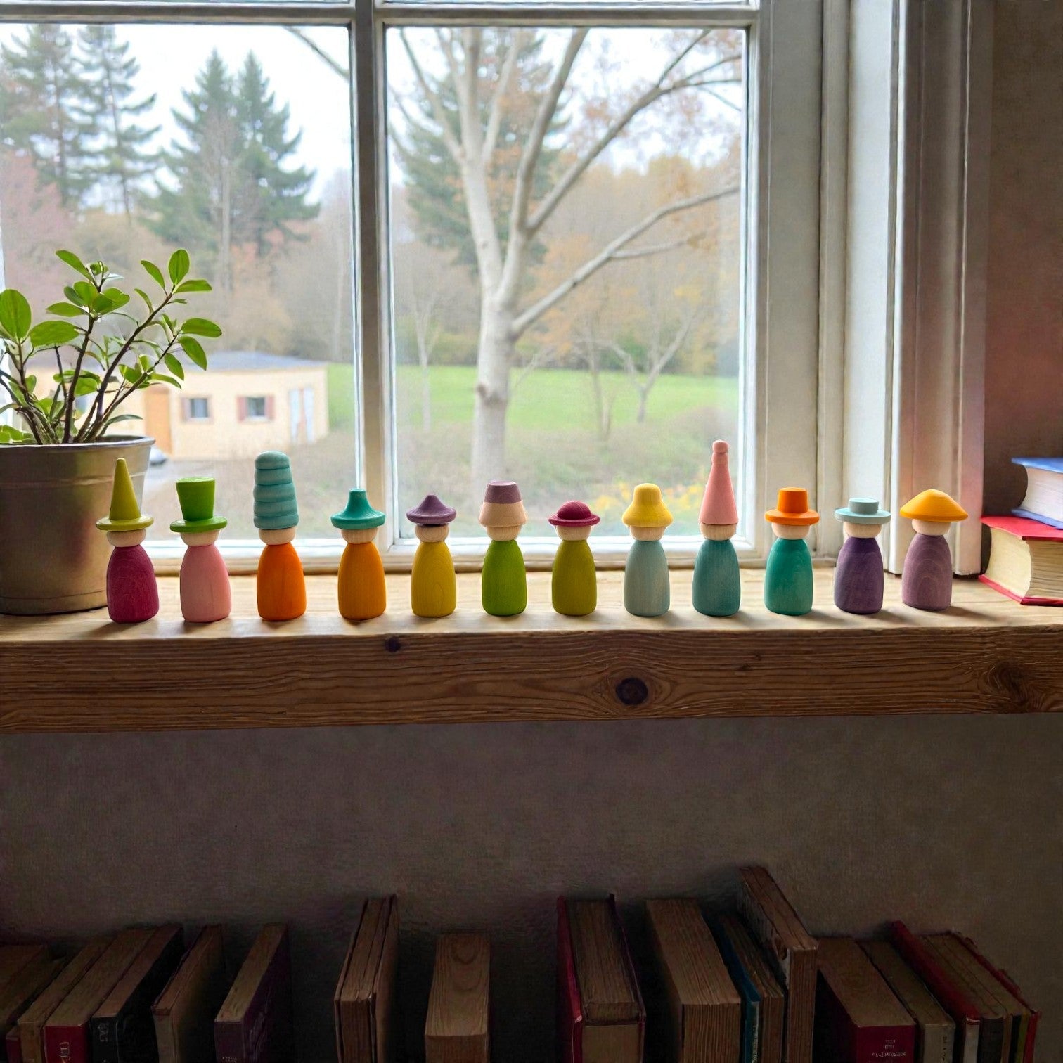 **Pre-order (Ships in 2-3 Weeks)**12 Piece Pastel Macaron Wooden Peg Dolls with Interchangeable Hats Open Ended Play Figures