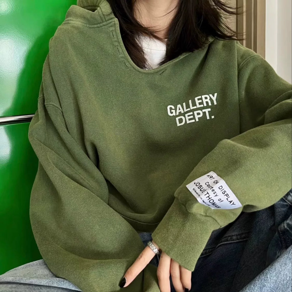 GALLERY DEPT Green Basic Letter Sun Washed Vintage American High Street Hoodie