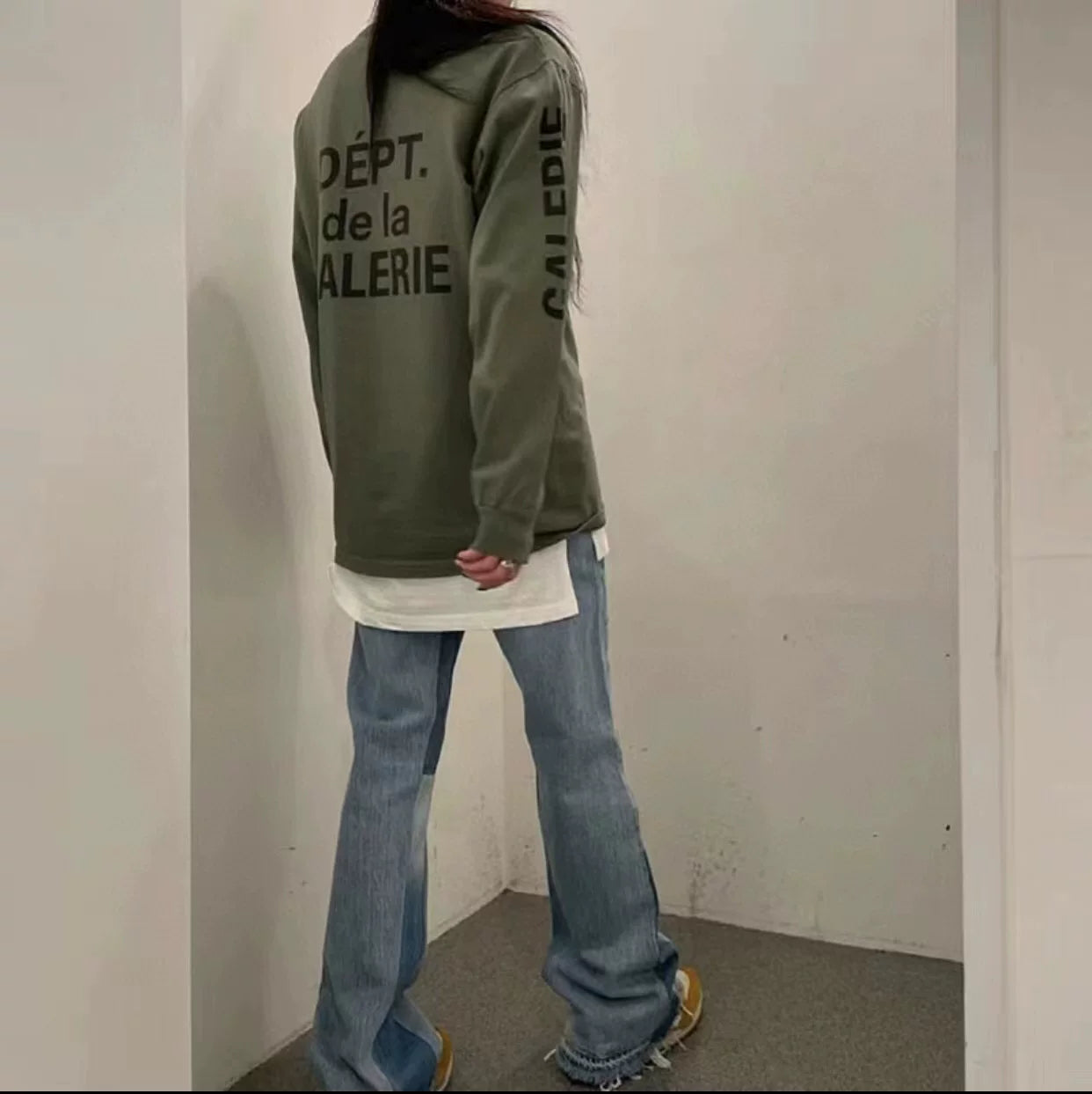 CDIAry independent GALLERY DEPT military green French basic letter American high street hoodie long sleeved TEE shirt