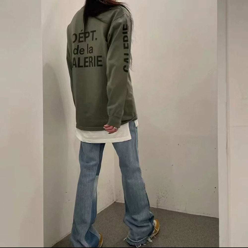 CDIAry independent GALLERY DEPT military green French basic letter American high street hoodie long sleeved TEE shirt