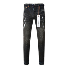 Mens Purple Ripped Jeans Stylish Slim Fit Black Paint High Street Denim Pants 9036