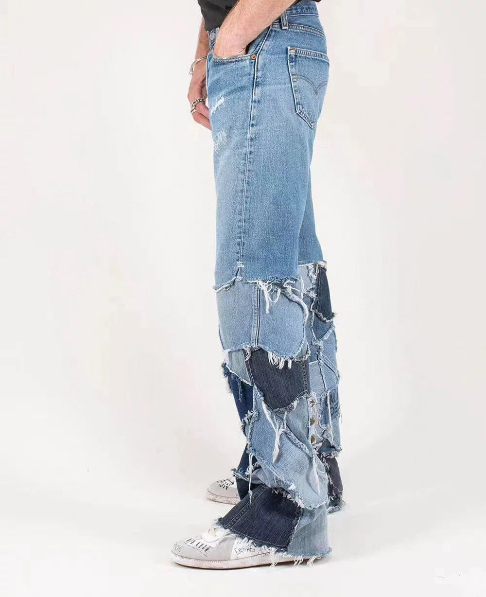 GALLERY DEPT. JESSE FLARE Splicing Patch Damaged Wash Blue Micro Horn Wide Leg Jeans