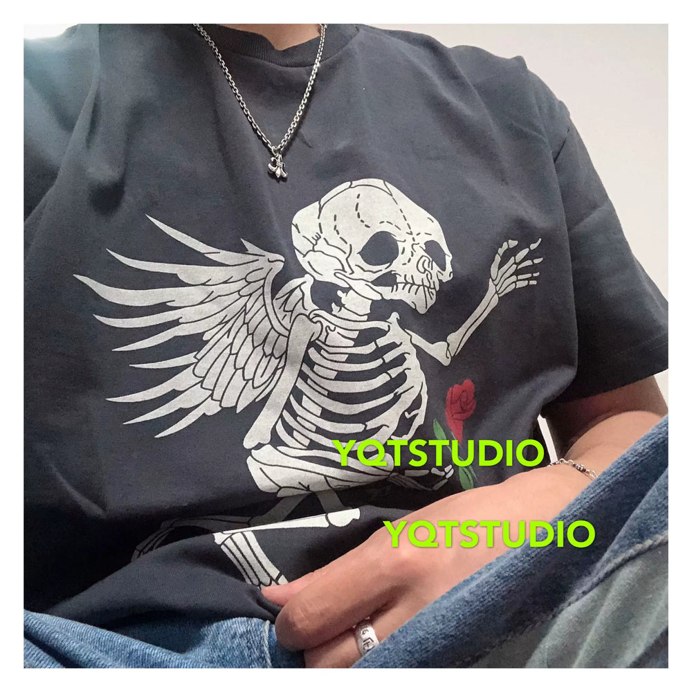 GALLERY DEPT Cherub Tee Retro Vintage Skull Rose Washed Short Sleeve T-shirt Trendy