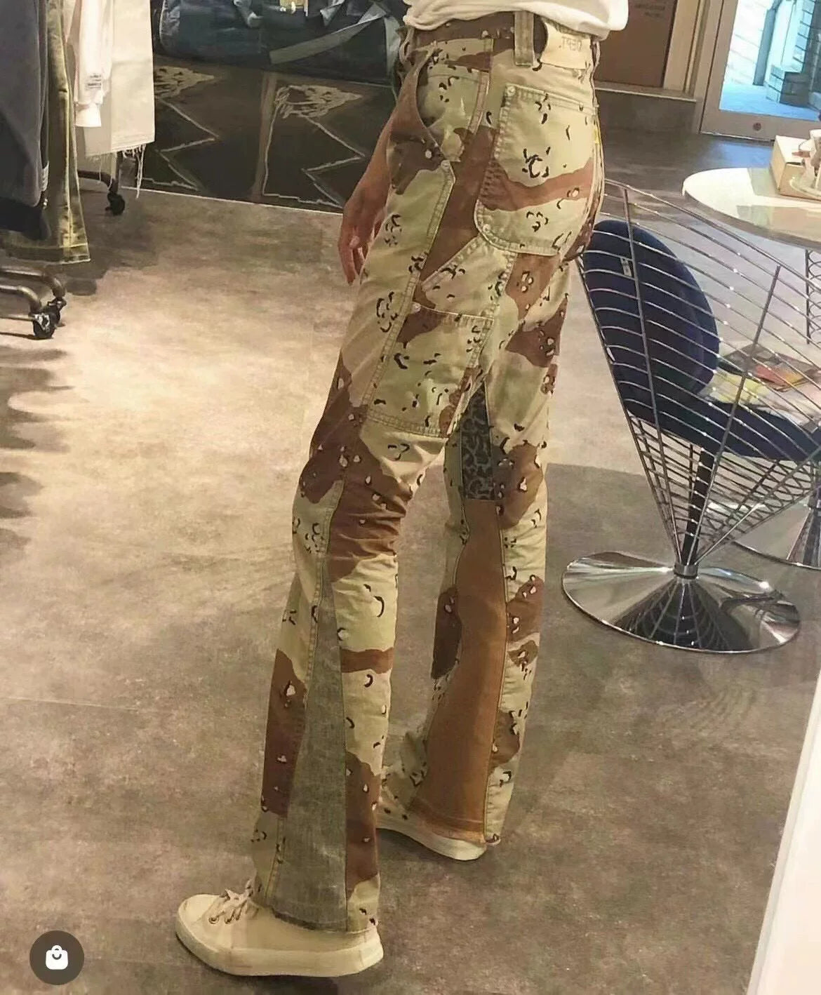 GALLERY DEPT CARPENTER FLARE khaki desert camouflage leopard print patchwork micro horn work pants