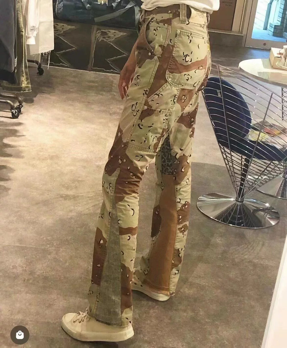 GALLERY DEPT CARPENTER FLARE khaki desert camouflage leopard print patchwork micro horn work pants