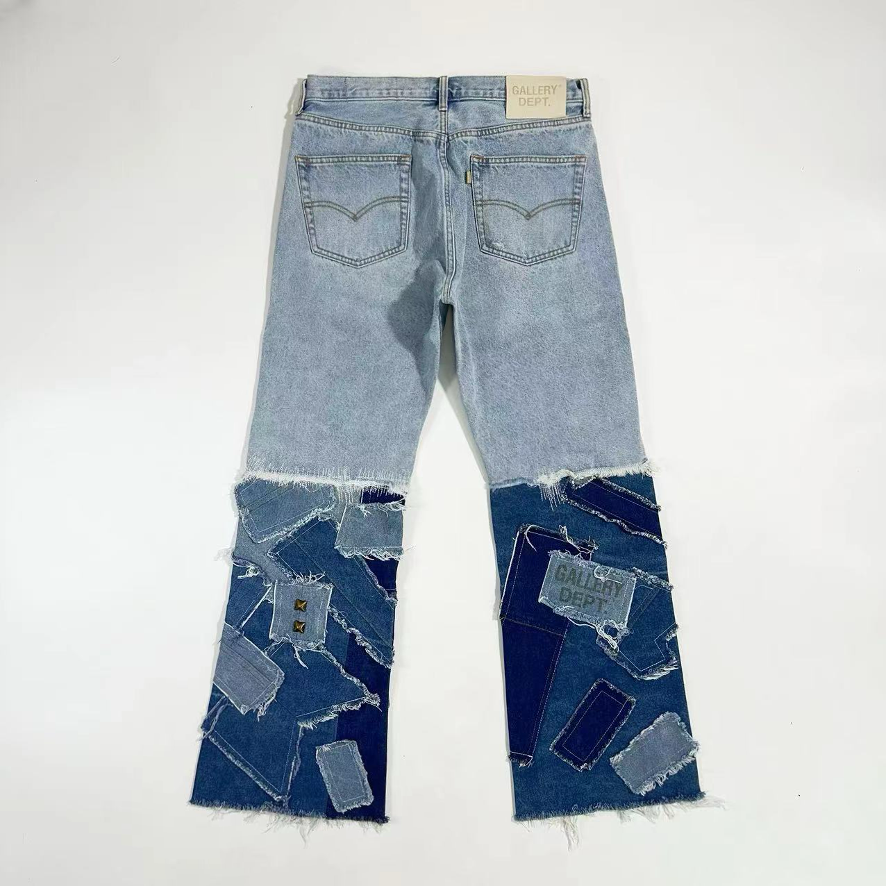 GALLERY DEPT. JESSE FLARE Splicing Patch Damaged Wash Blue Micro Horn Wide Leg Jeans