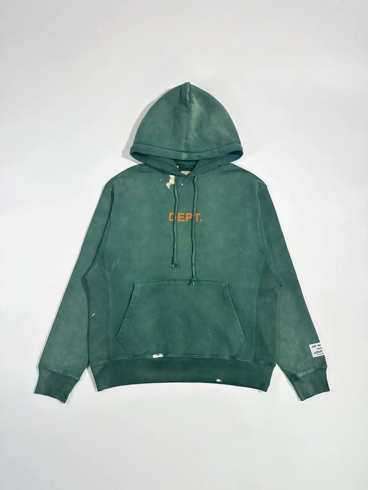 GALLERY DEPT. CENTER LOGO HOODIE, dark green, splashed ink, wash water, make old hoodies and hoodies