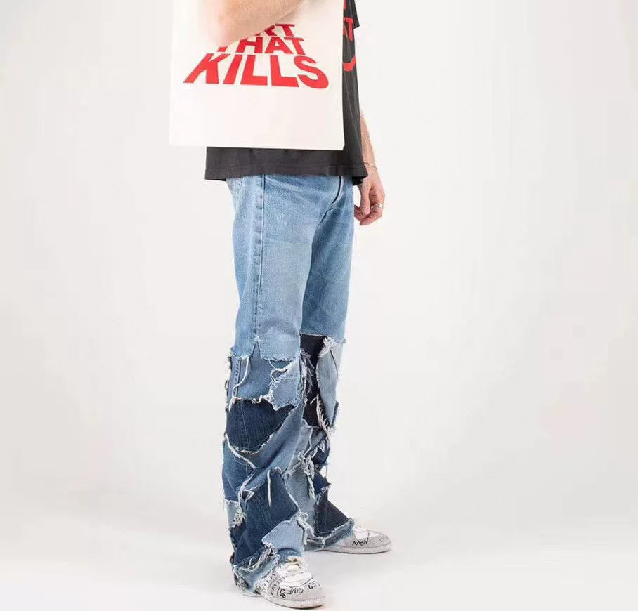 GALLERY DEPT. JESSE FLARE Splicing Patch Damaged Wash Blue Micro Horn Wide Leg Jeans