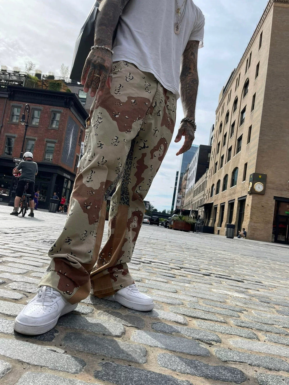 GALLERY DEPT CARPENTER FLARE khaki desert camouflage leopard print patchwork micro horn work pants