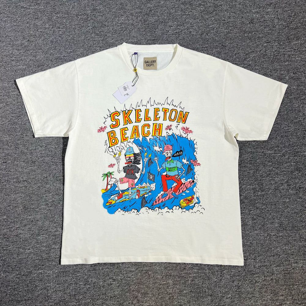 GALLERY DEPT.SKELETON BEACH SURF TEE Beach Surfing Glitter Printed Short Sleeve T-shirt
