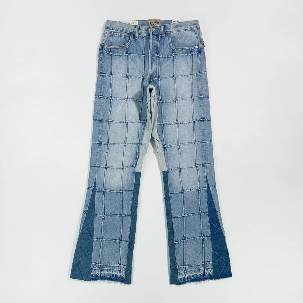 GALLERY DEPT Crocodile Pattern American High Street Grid Pattern Splicing Grinding Edge Micro Horn Washed Blue Cowboy Pants