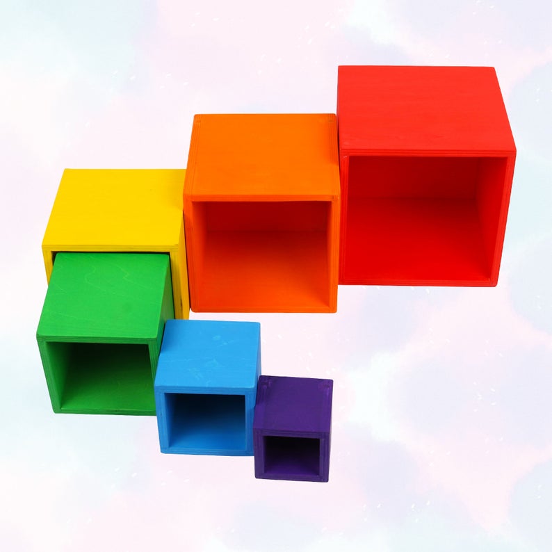 **Pre-order (Ships in 2-3 Weeks)**6-Piece Primary Color Rainbow Wooden Nesting Box Set