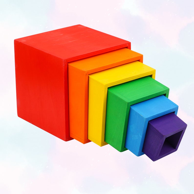**Pre-order (Ships in 2-3 Weeks)**6-Piece Primary Color Rainbow Wooden Nesting Box Set