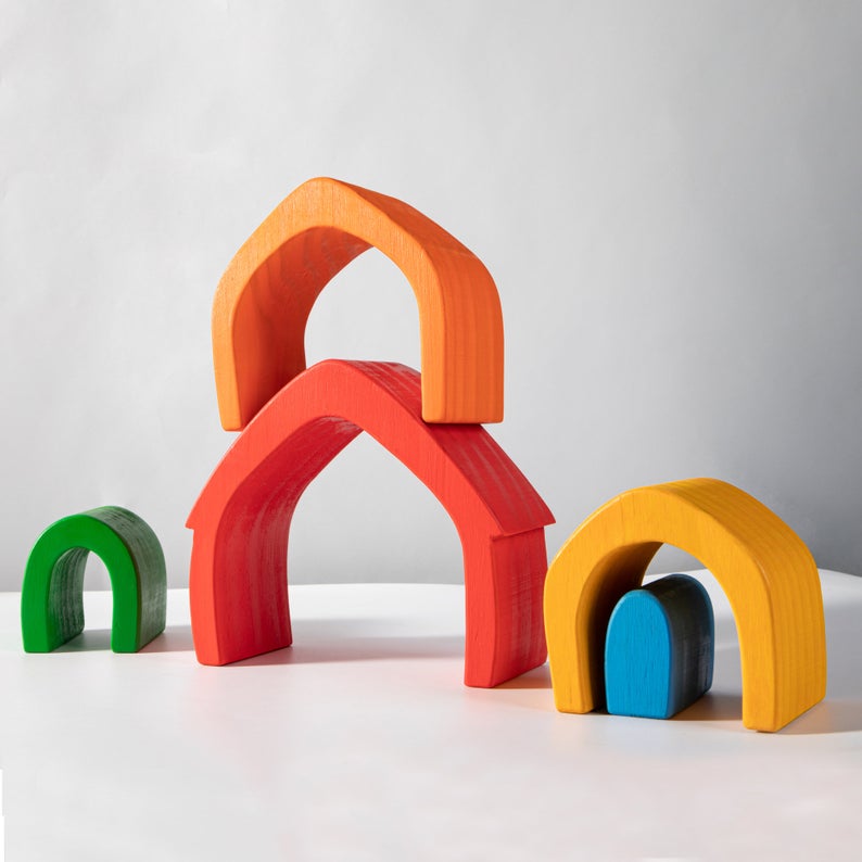 **Pre-order (Ships in 2-3 Weeks)**5 Pcs STAINED Rainbow Wooden Stacking House
