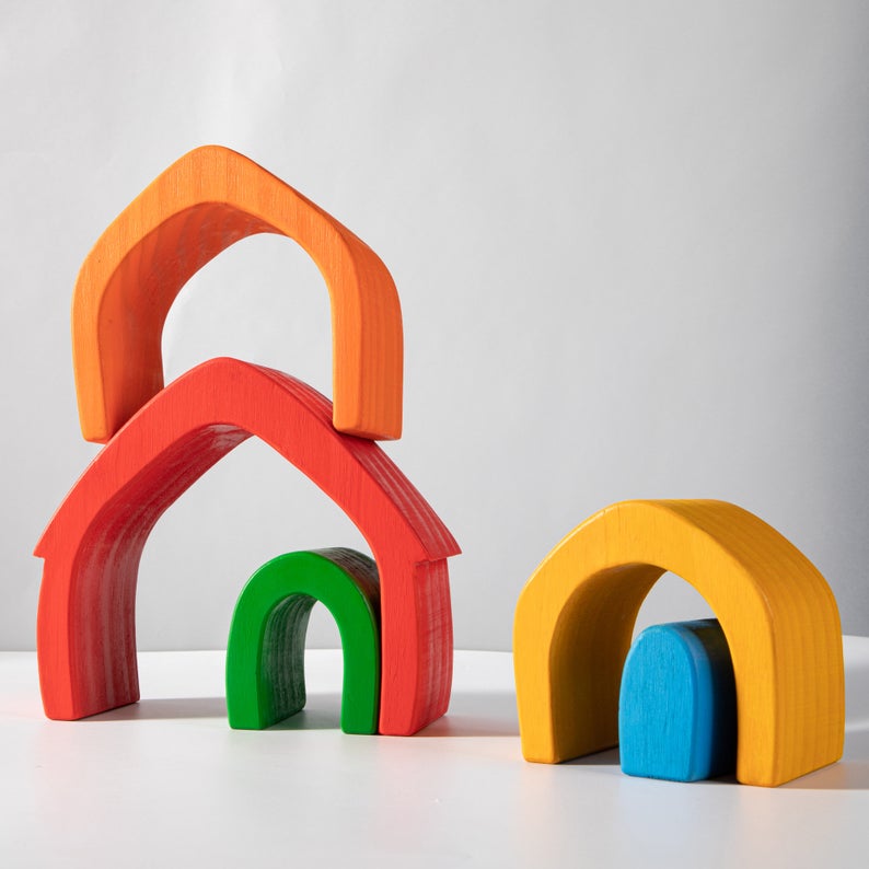 **Pre-order (Ships in 2-3 Weeks)**5 Pcs STAINED Rainbow Wooden Stacking House