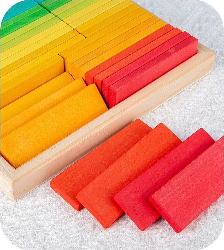 **Pre-order (Ships in 2-3 Weeks)**64 PCS STAINED Large Wooden Rainbow Building Slats with Storage Tray